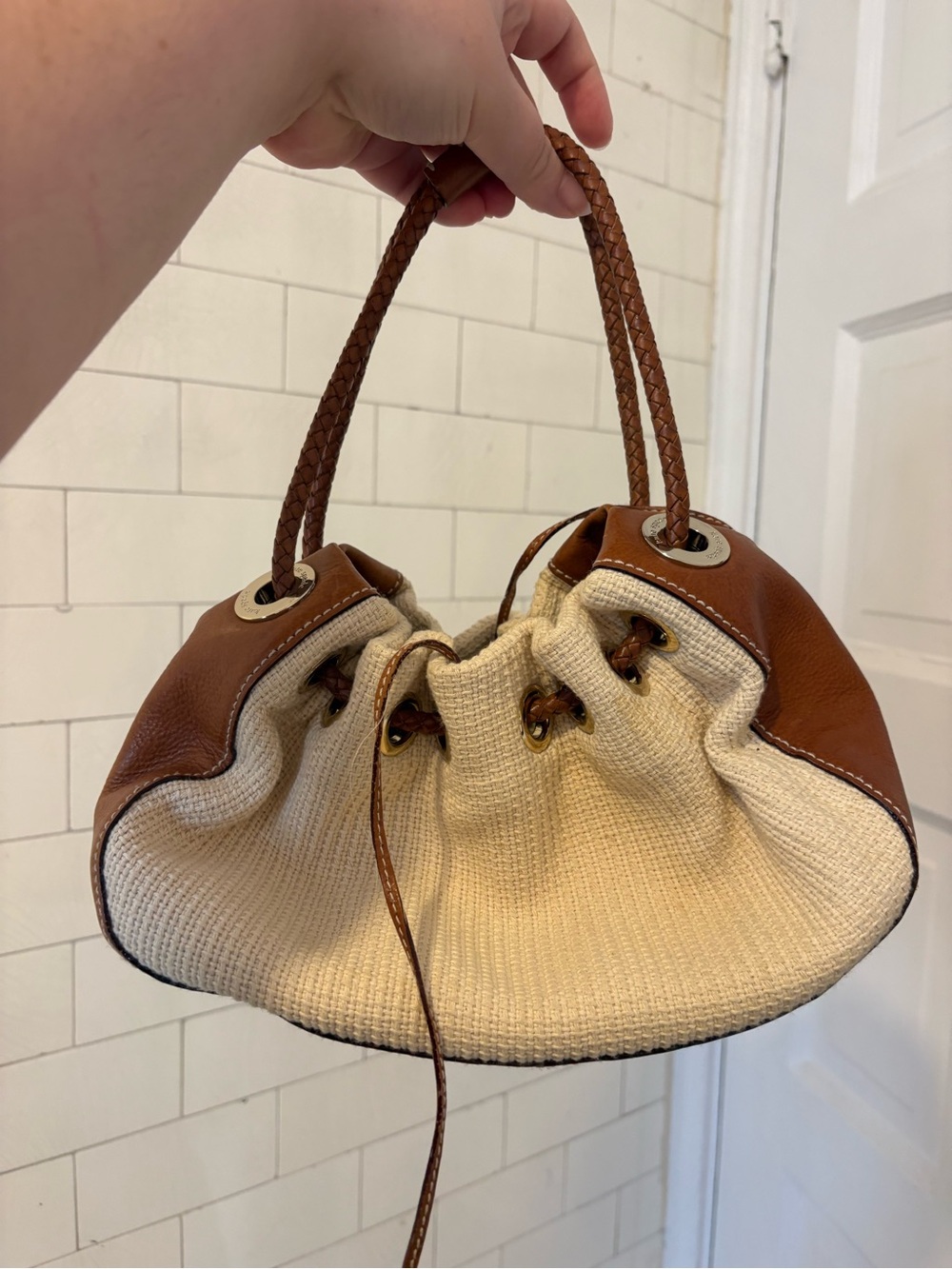 kate spade Cream and Brown Woven Drawstring Hobo Bag